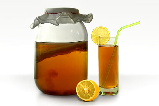 Чайный гриб в банке и стакане