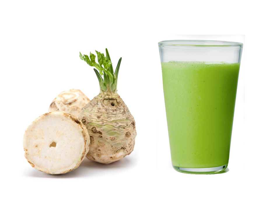 Клубни сельдерея и стакан сока из них